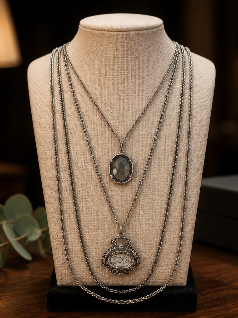 Goldette NY Triple Strand Necklace with Oval Pendant & Coin Charm